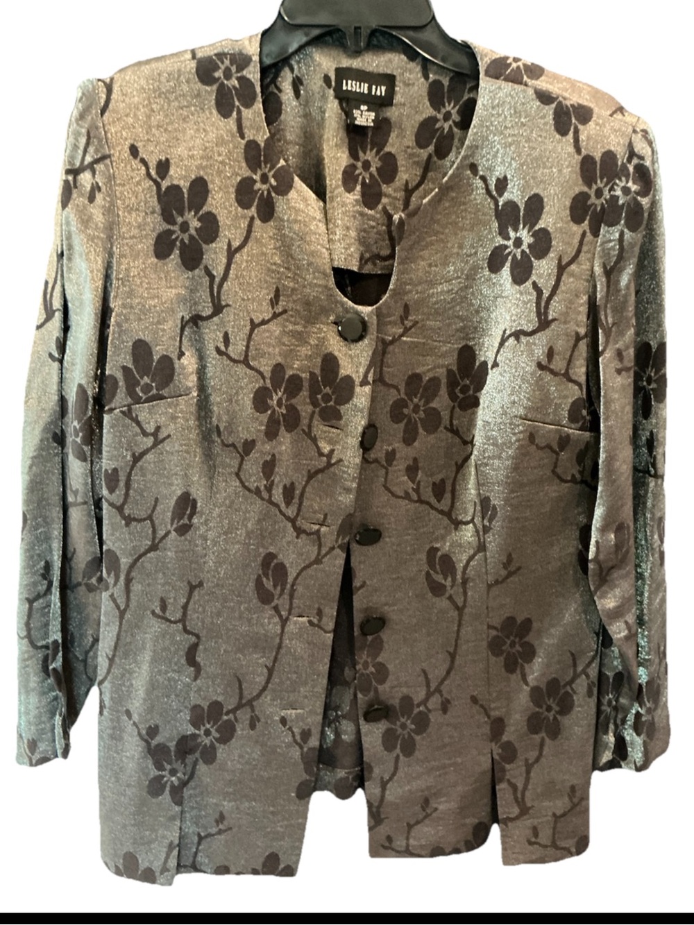 Leslie Fay Black Silver Floral Shimmer Jacket Womens 8P Petite Evening Cardigan